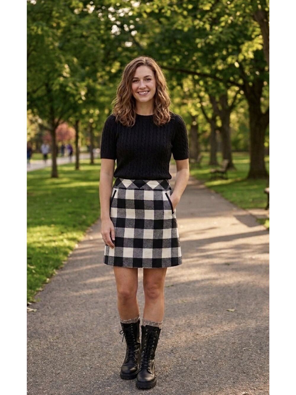 Talbots Buffalo Plaid Wool Blend pencil skirt  Blk/Wht Zip Pockets Check 12 mini